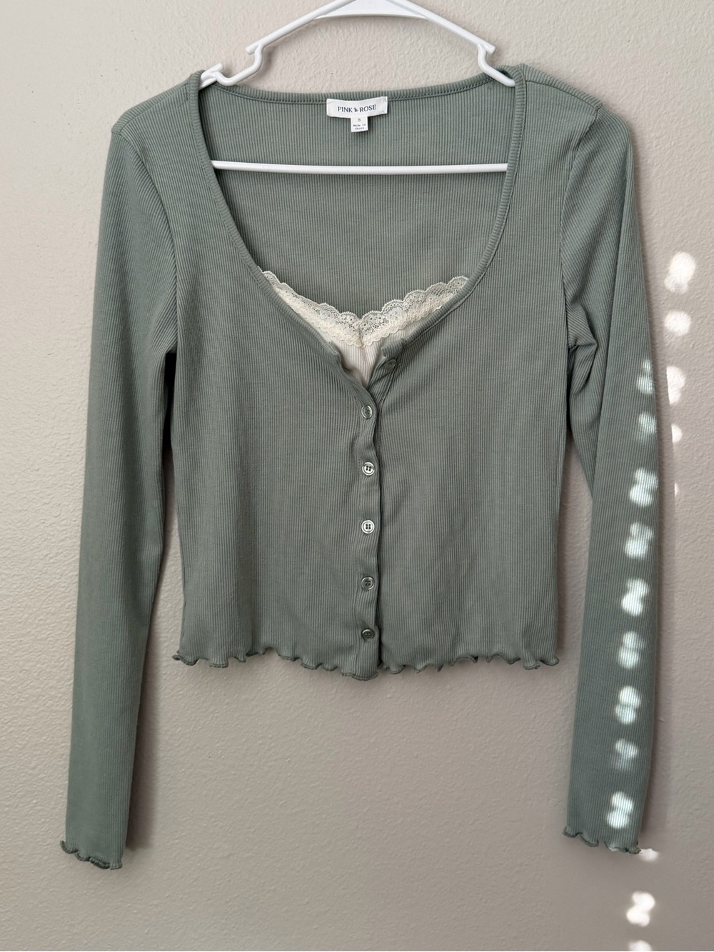 Pink Rose Sage Green Lace Trim Ribbed Button Down Long Sleeve (Zelly Style) S